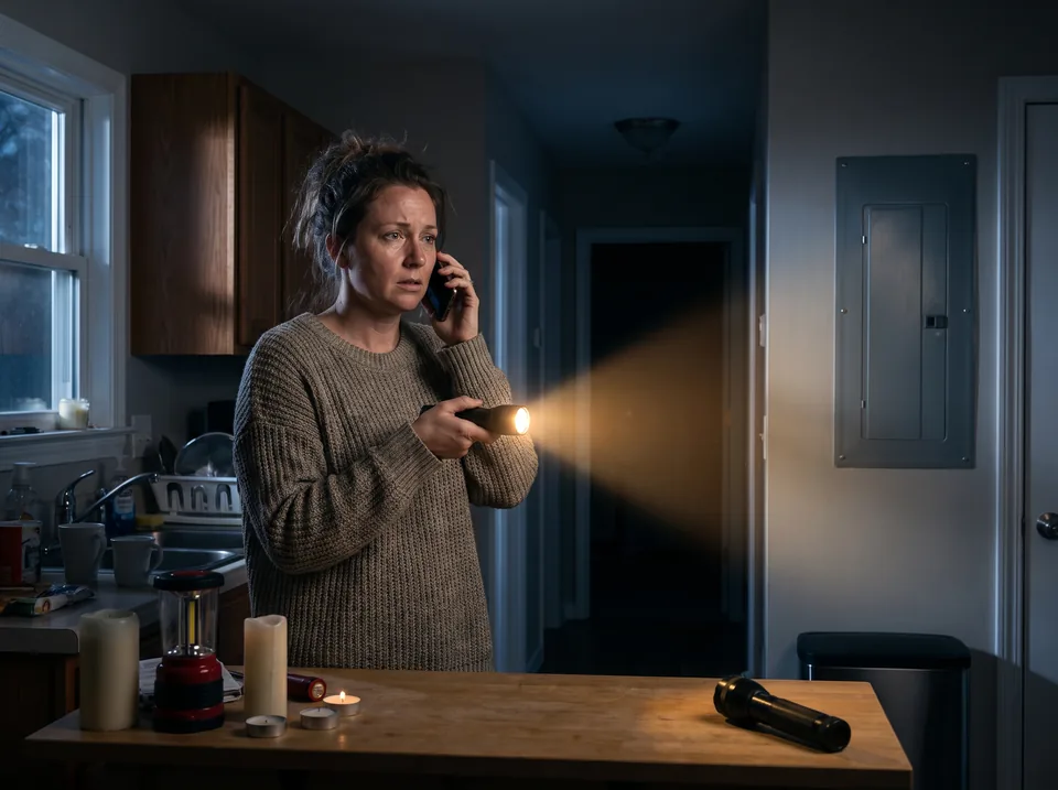 Homeowner holding a flashlight in a dark kitchen during a power outage while calling for help