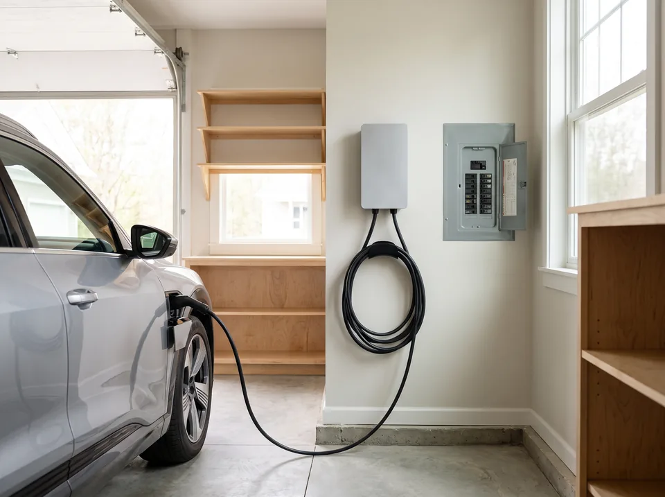 Newly installed EV charger on a garage wall next to an electric car