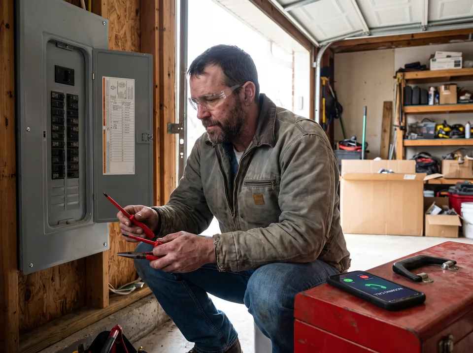 Electrician working at an open breaker panel while his phone lights up on a toolbox