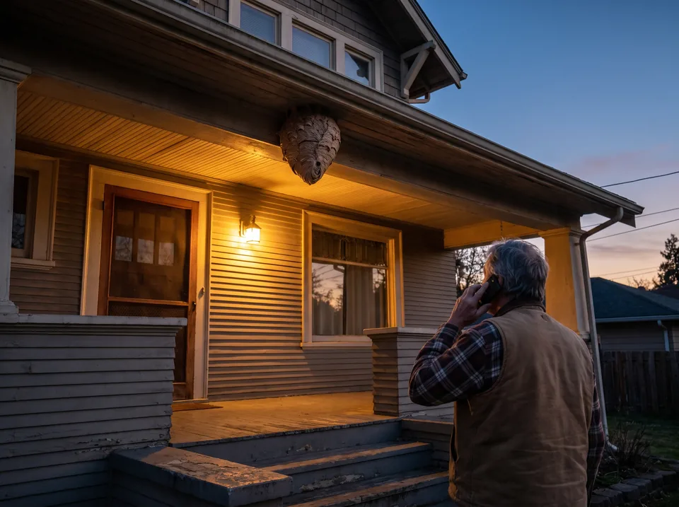 Wasp nest above a front porch at dusk while the homeowner calls for help