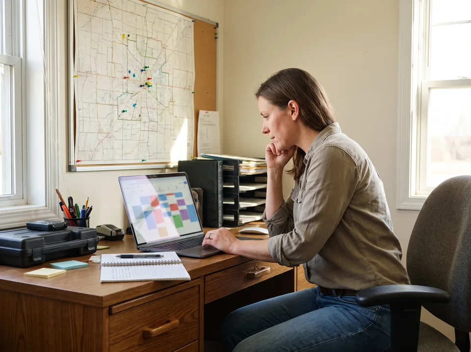 Pest control office manager reviewing booked inspections on a calendar