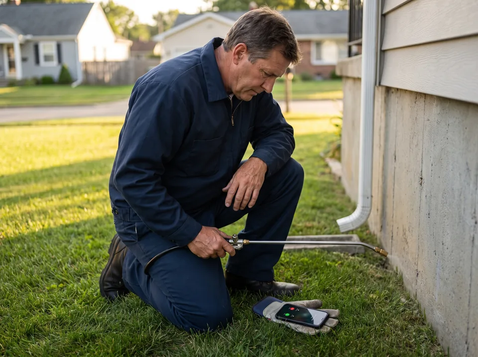 Pest control technician treating a house foundation while his phone rings on the grass